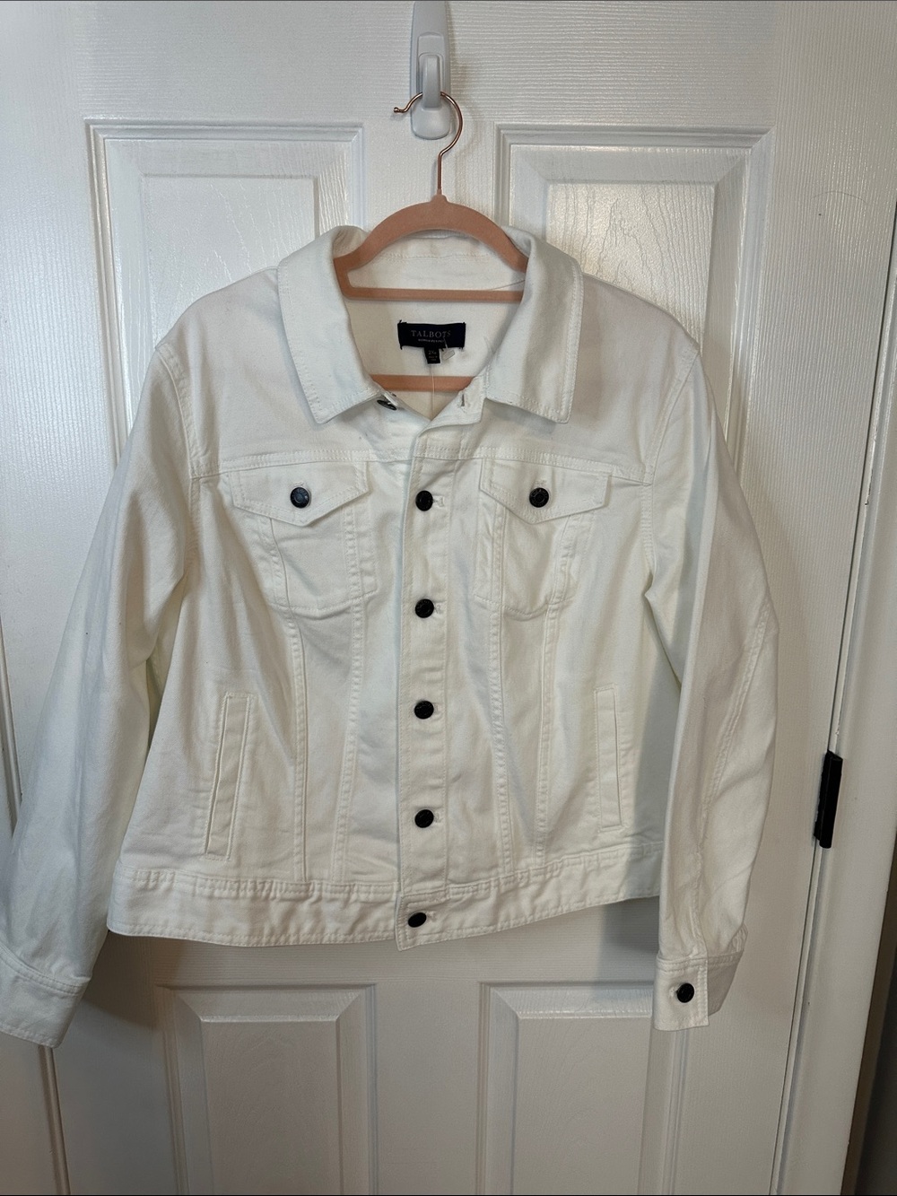 Talbots White Denim Jean Jacket with Black Buttons